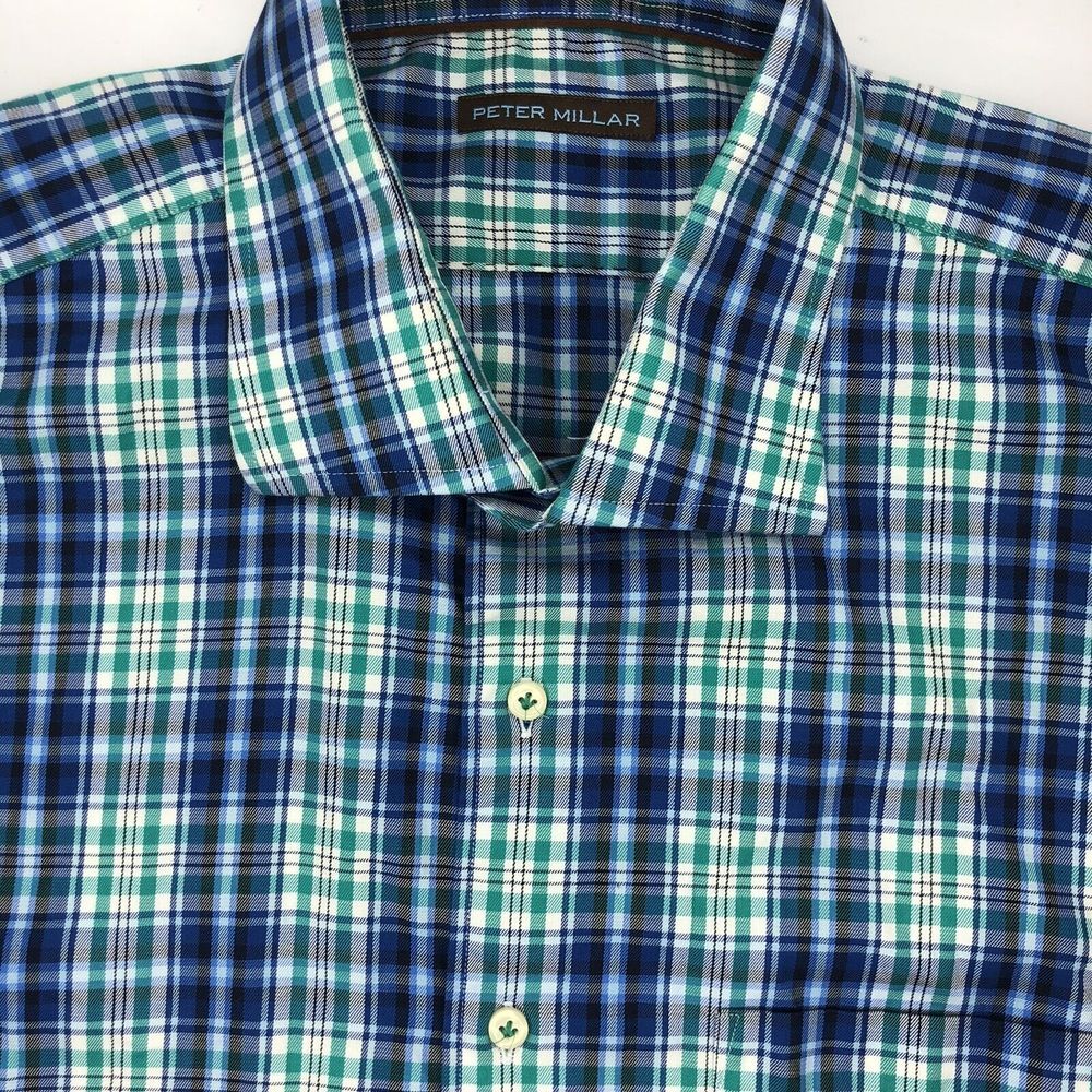 Peter Millar Men's XL Blue Green Plaid Button Up Long Sleeve Casual Dress Shirt